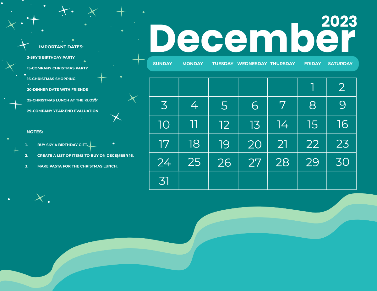 Pretty December 2023 Calendar Template