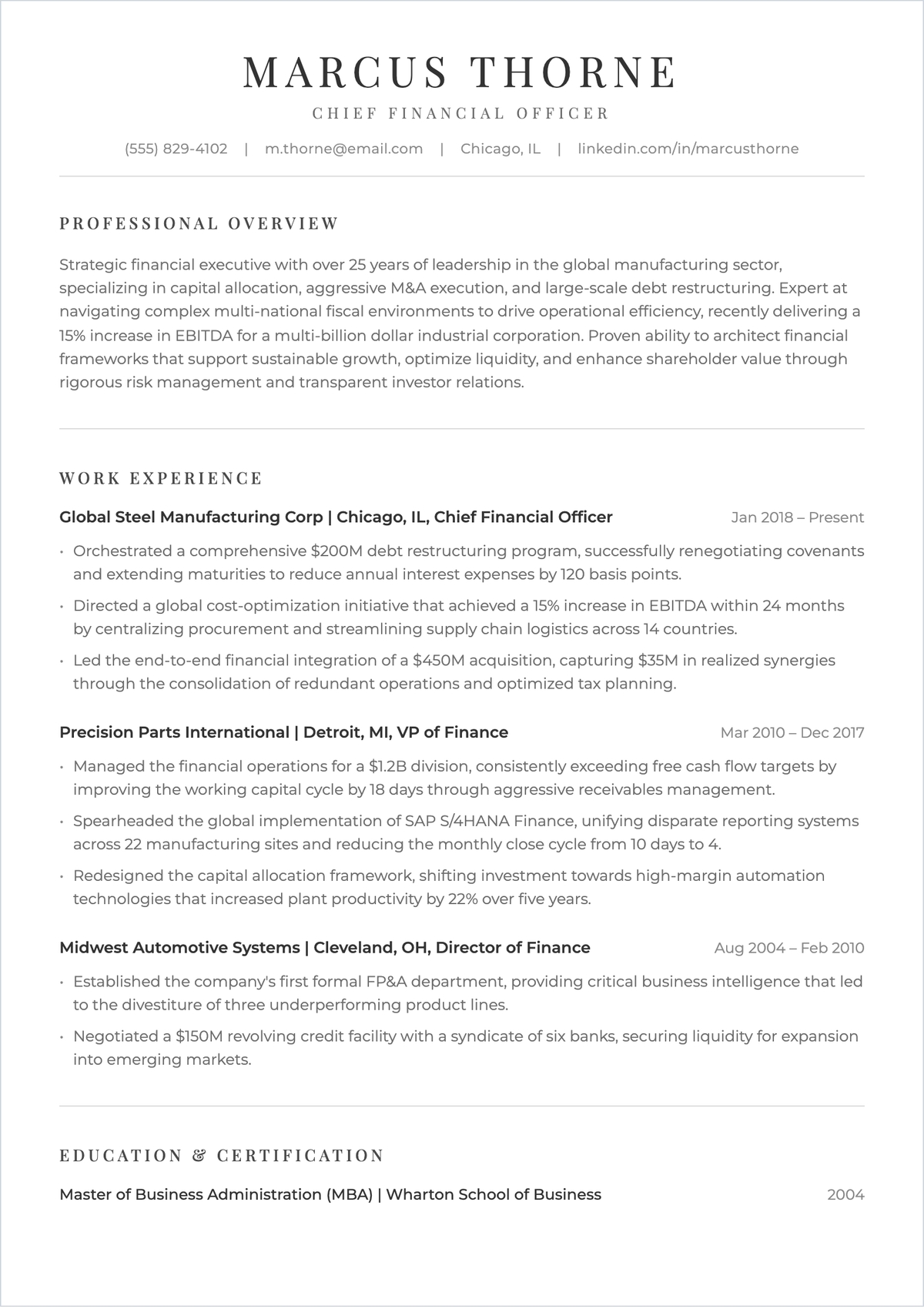 Free Sample Chief Financial Officer ATS Resume Template Free Sample Chief Financial Officer ATS Resume Template