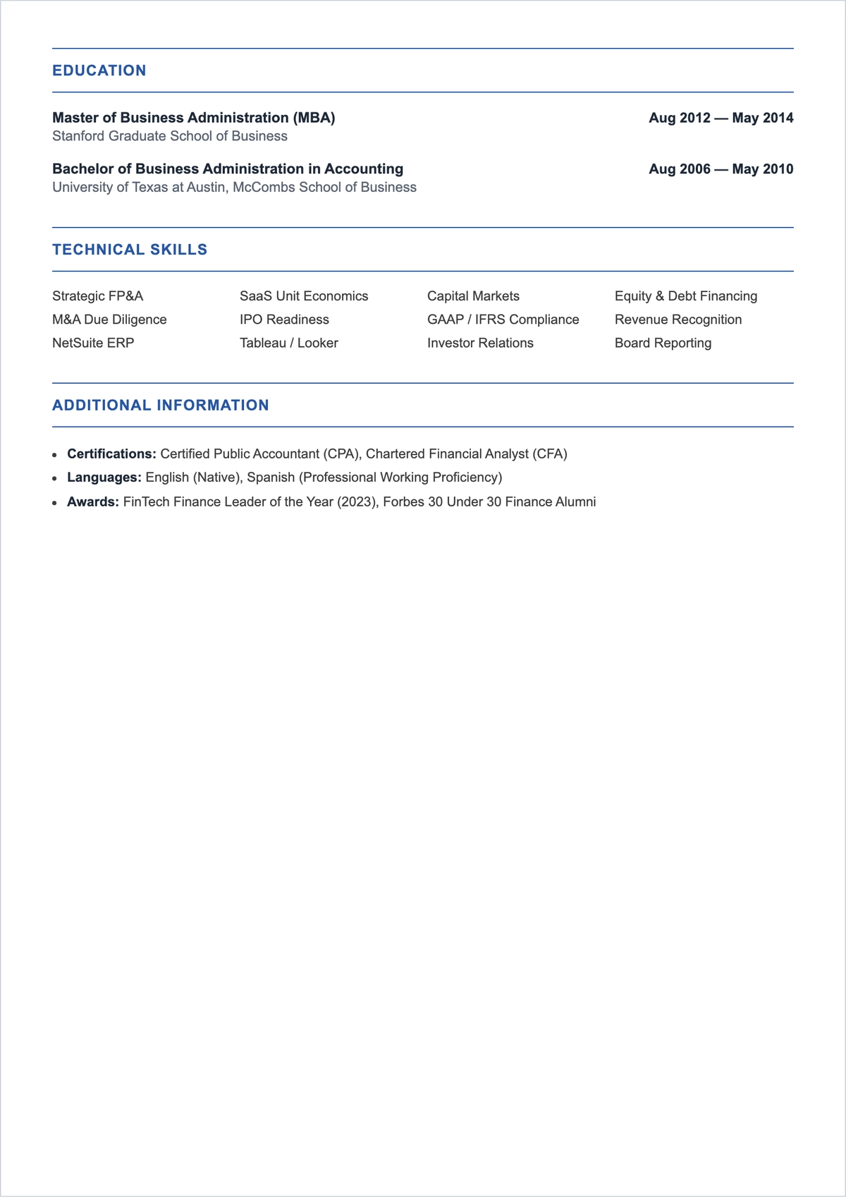 Free Startup CFO ATS Resume Template, AI Resume Builder