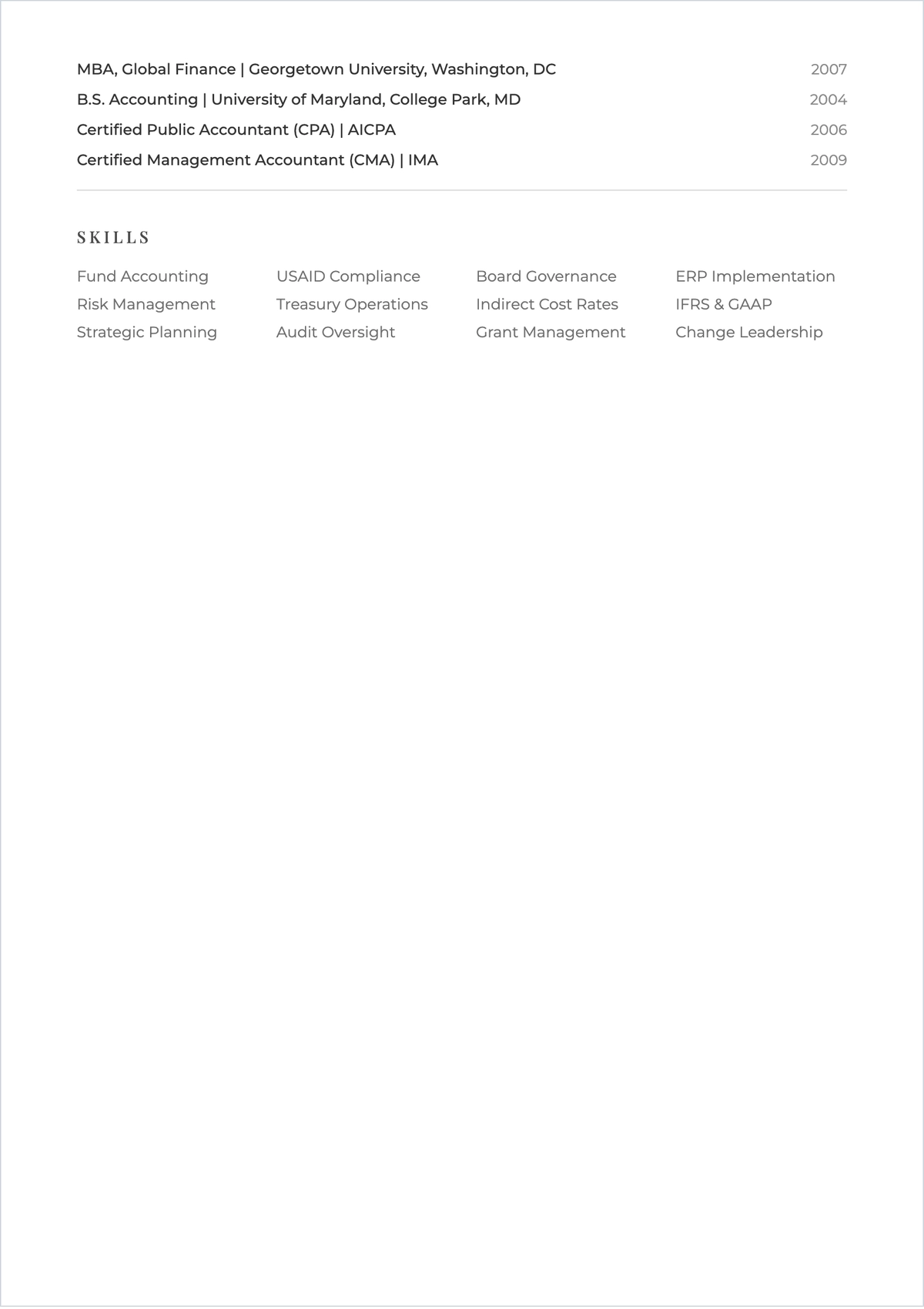 Free Non Profit Chief Financial Officer ATS Resume Template