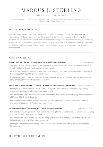 Free Non Profit Chief Financial Officer ATS Resume Template