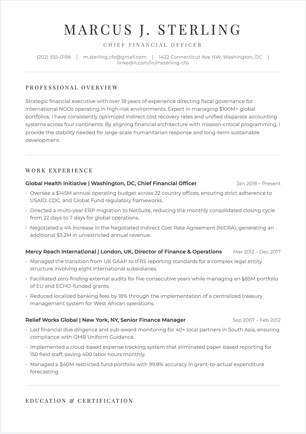 Free Non Profit Chief Financial Officer ATS Resume Template Free Non Profit Chief Financial Officer ATS Resume Template