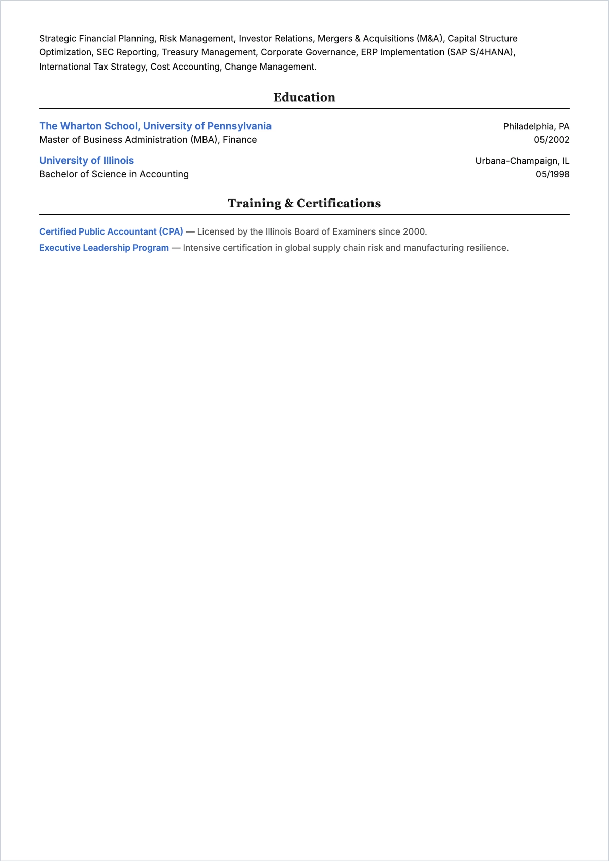 Free Professional CFO ATS Resume Template, AI Resume Builder