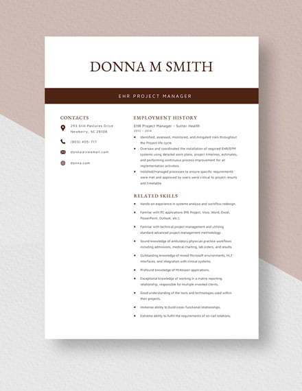 EHR Project Manager Resume Template