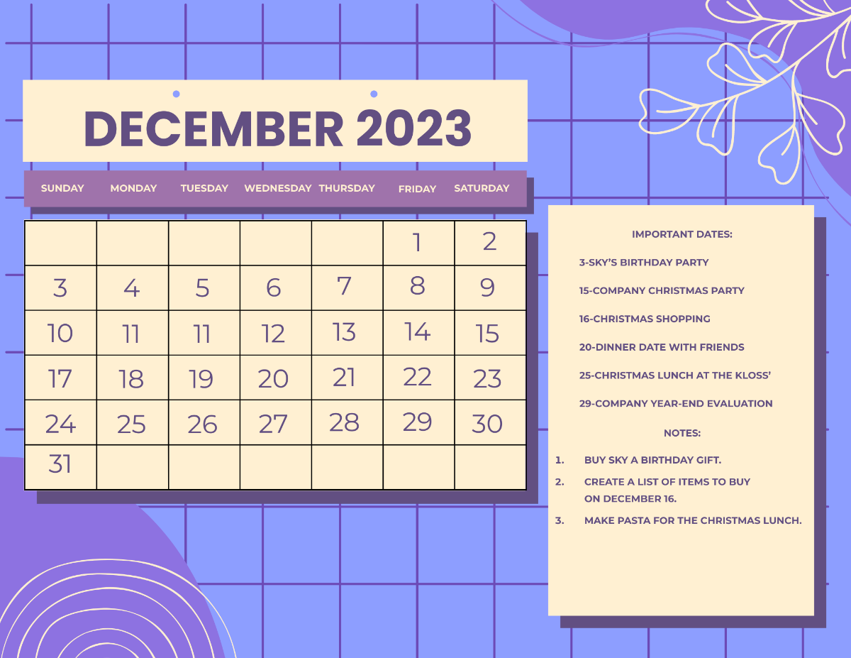 December 2023 Monthly Calendar Template