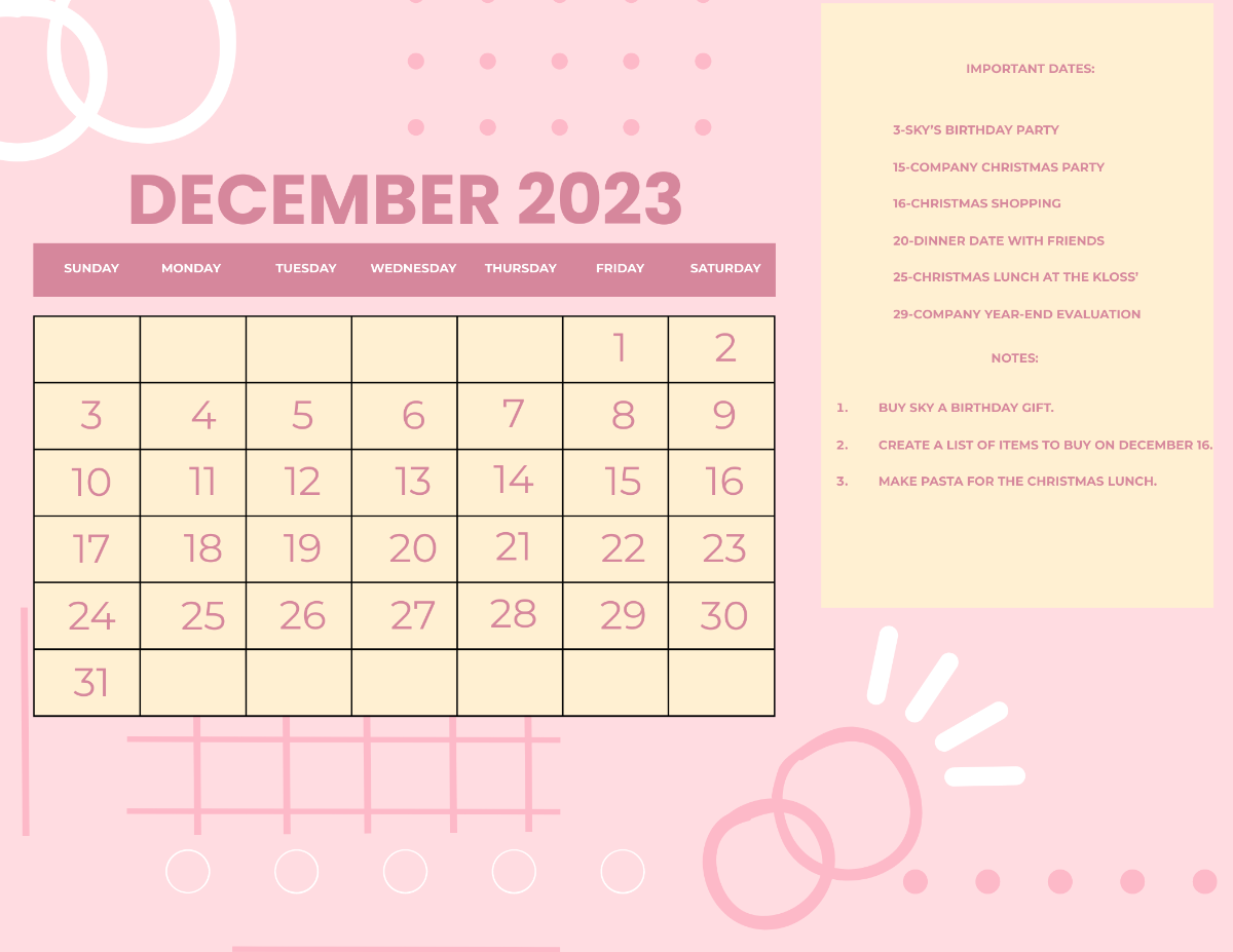 Pink December 2023 Calendar Template