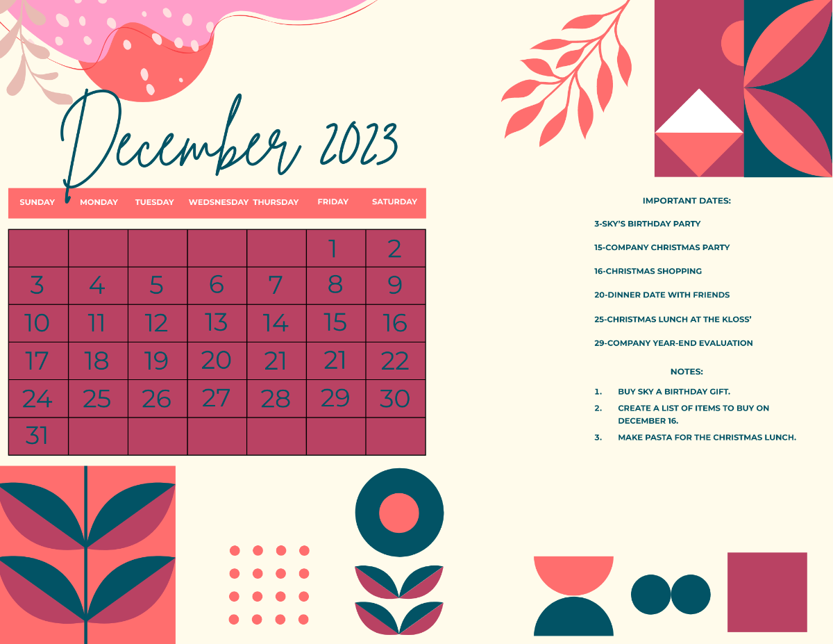 Calligraphy December 2023 Calendar Template