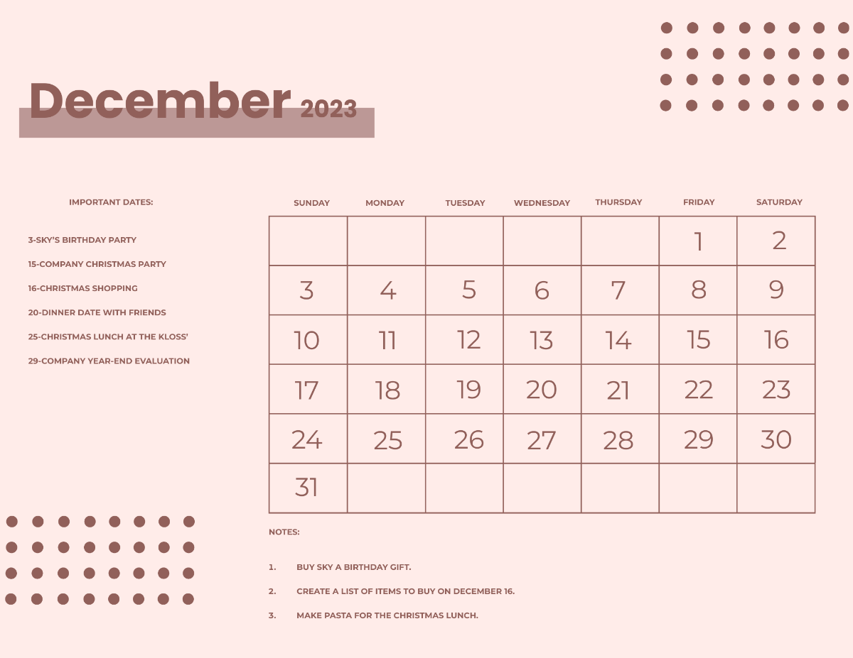 Printable December 2023 Monthly Calendar Template