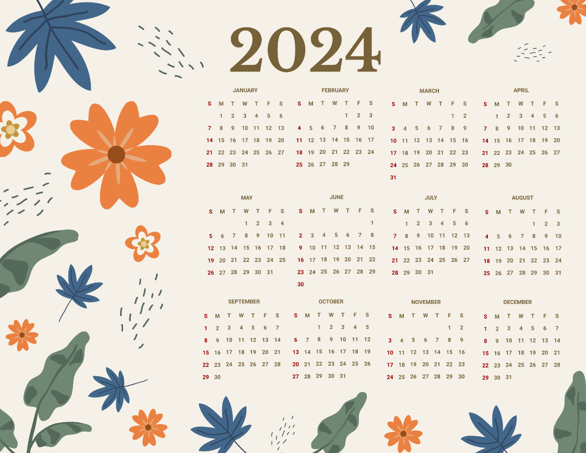 Floral Year 2024 Calendar Template