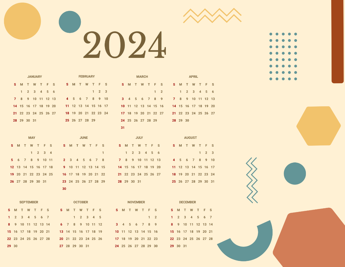 Printable Year 2024 Calendar Template