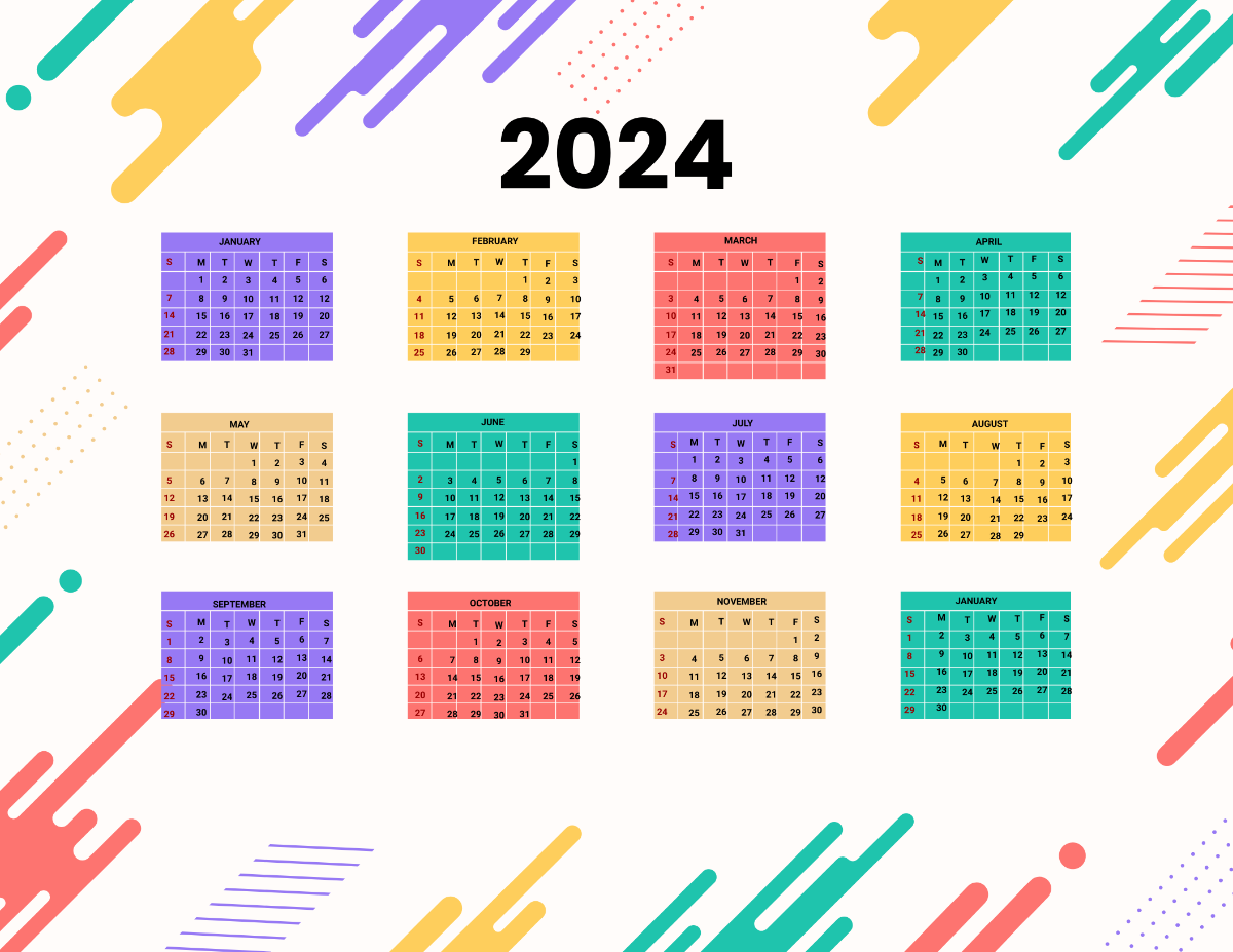 Colorful Year 2024 Calendar Template