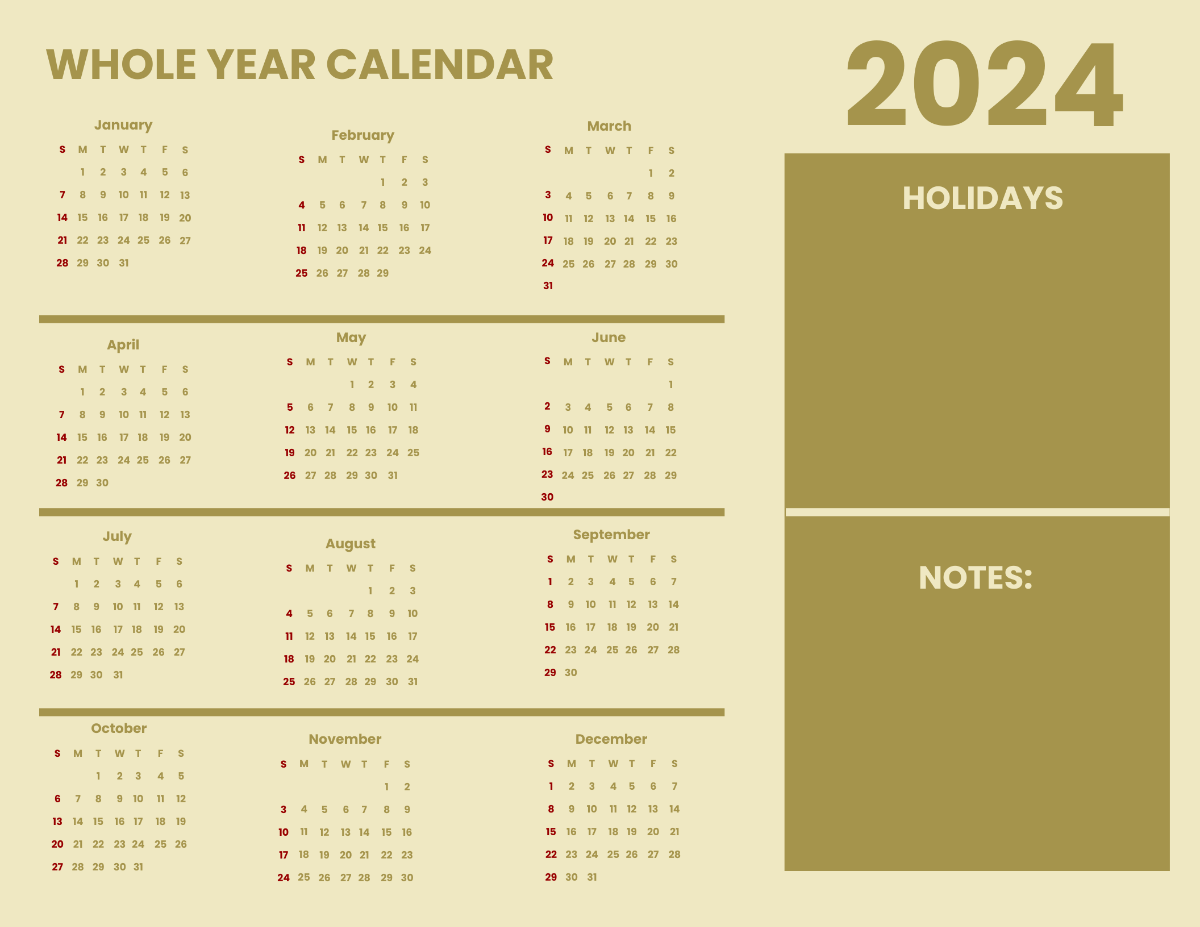 Printable Year 2024 Monthly Calendar  Template