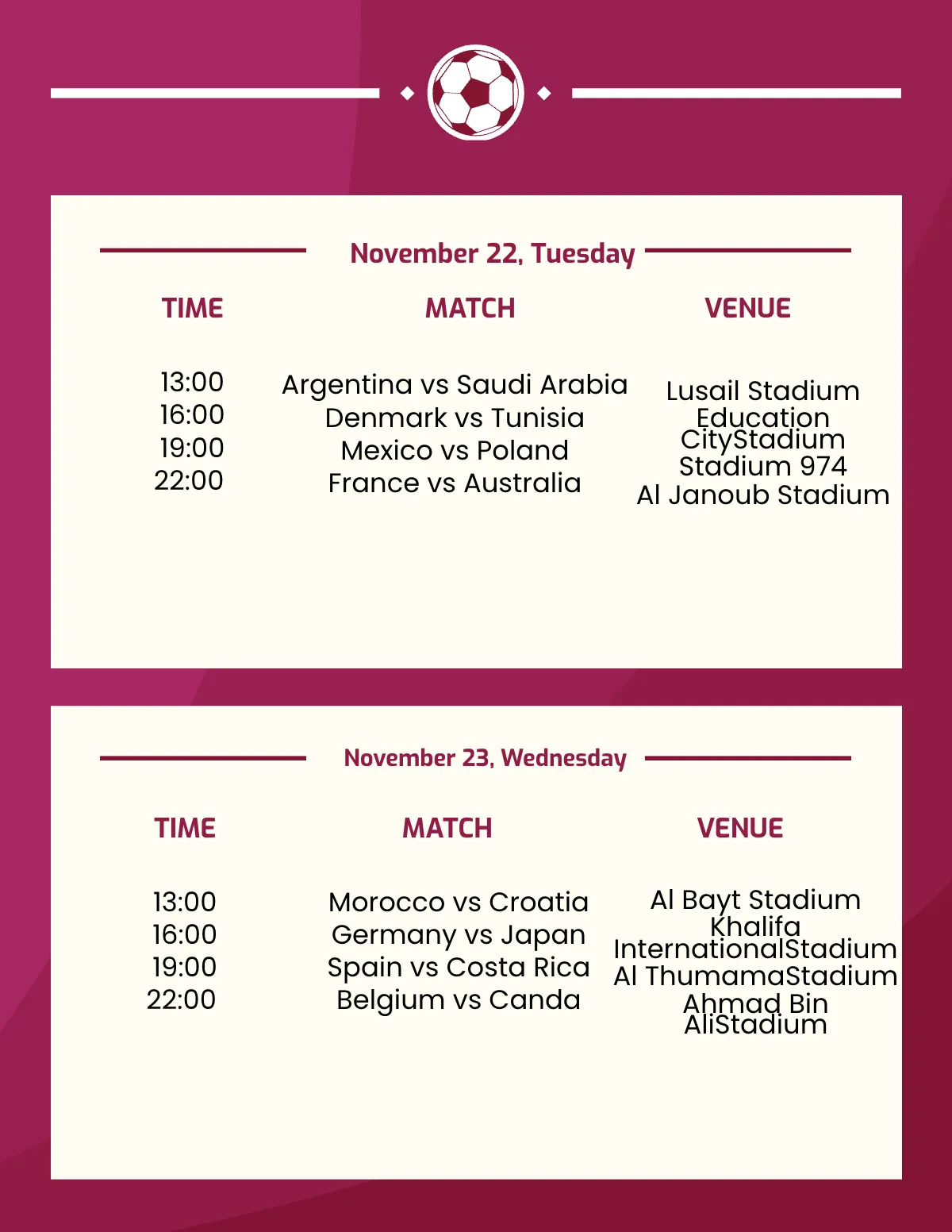 Free Football World Cup 2022 Schedule Template to Edit Online
