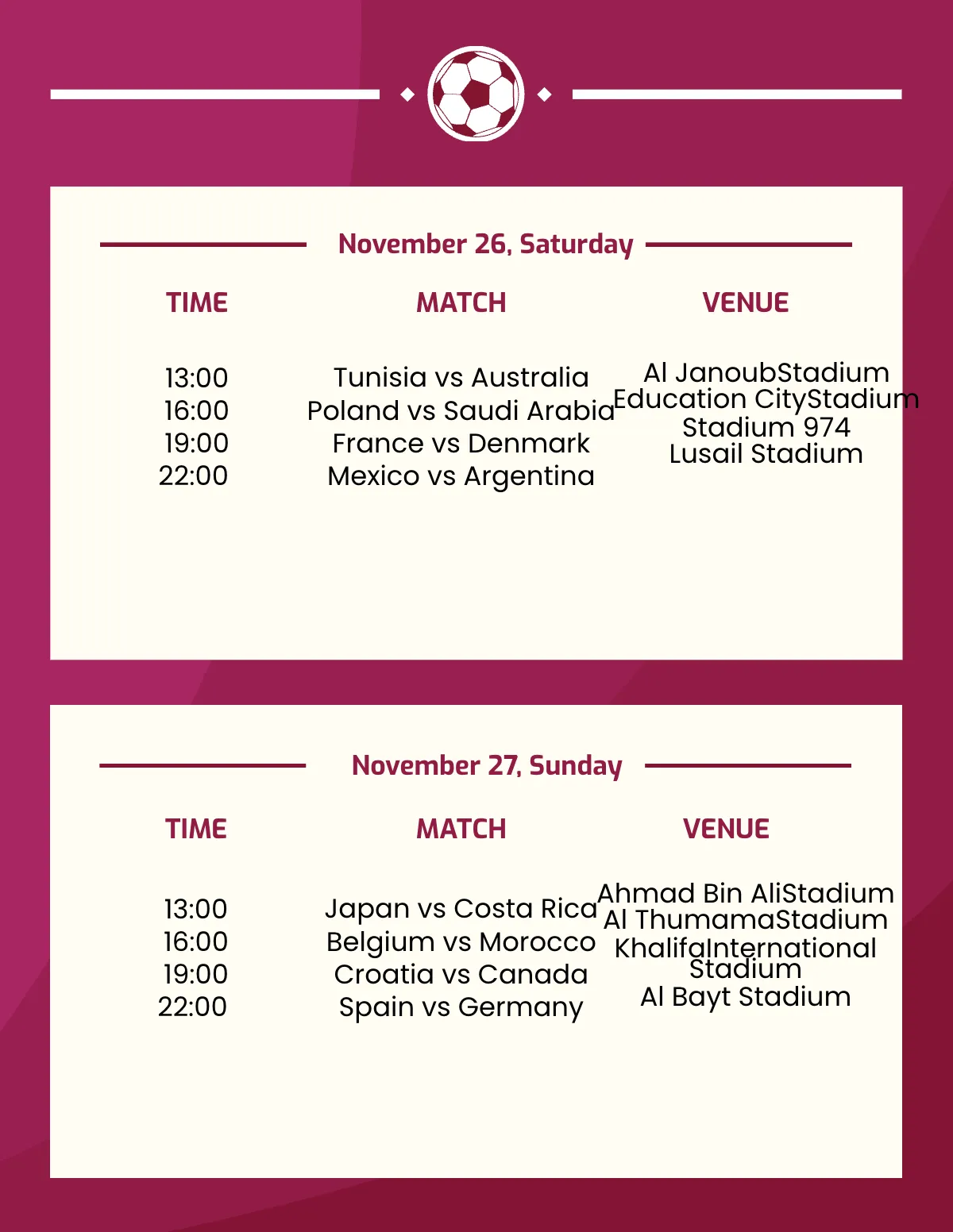 Free Football World Cup 2022 Schedule Template to Edit Online