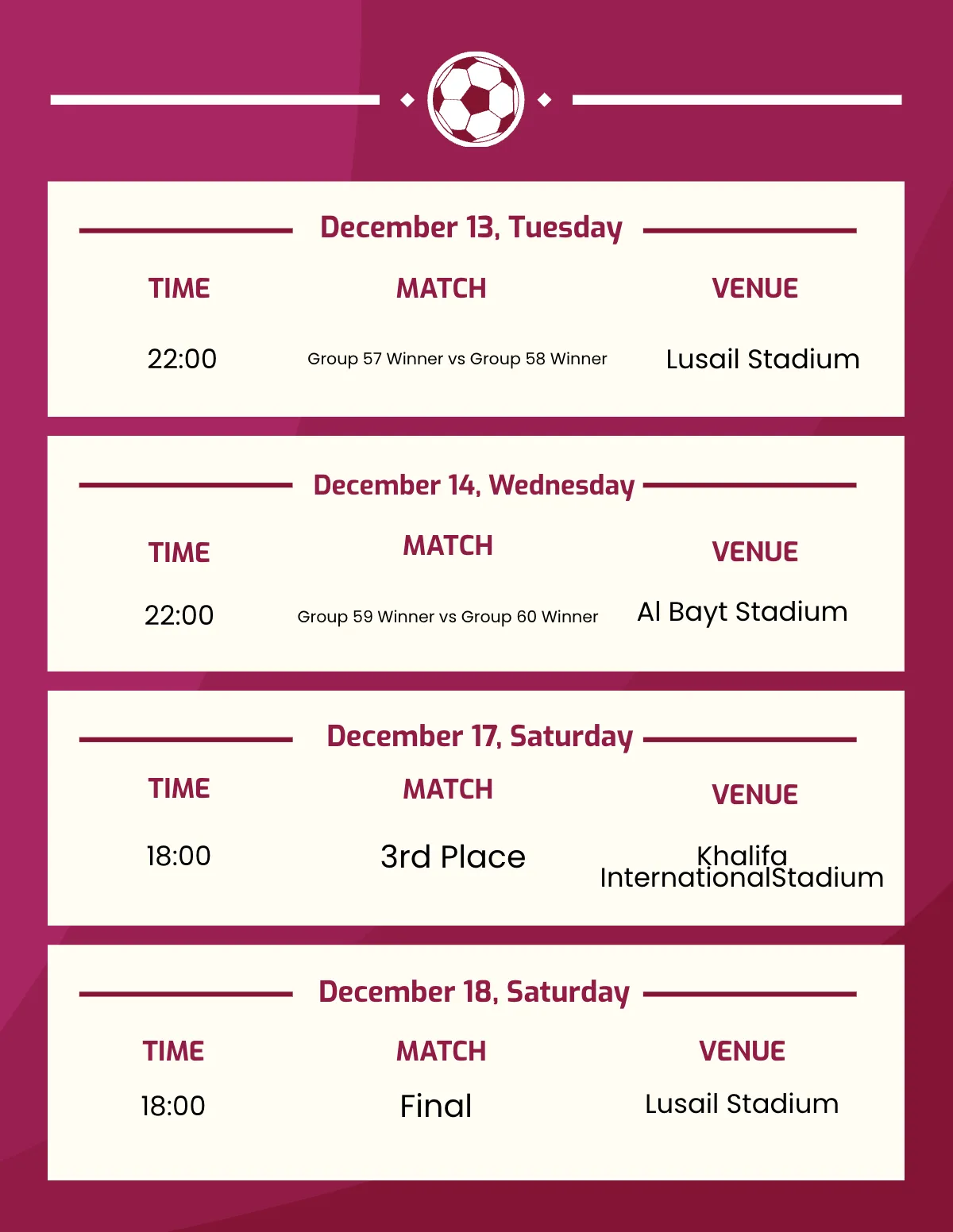 Free Football World Cup 2022 Schedule Template to Edit Online