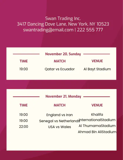 Free Football World Cup 2022 Schedule Template to Edit Online
