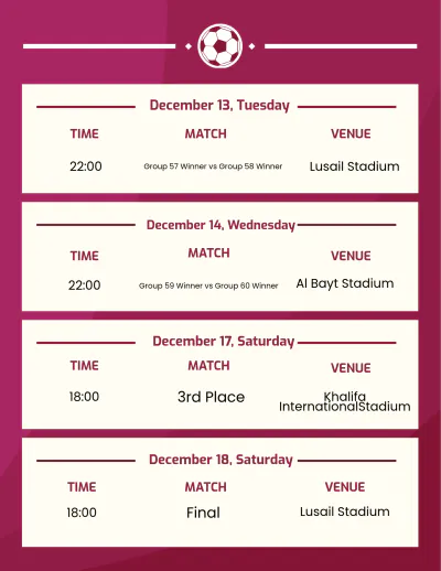 Free Football World Cup 2022 Schedule Template to Edit Online