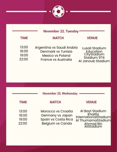 Free Football World Cup 2022 Schedule Template to Edit Online