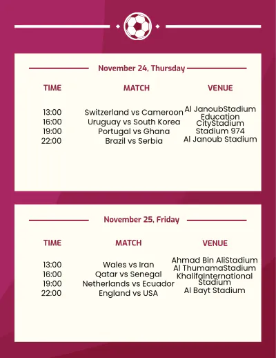 Free Football World Cup 2022 Schedule Template to Edit Online