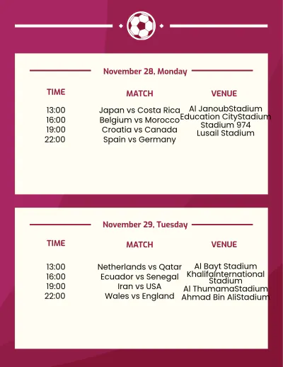 Free Football World Cup 2022 Schedule Template to Edit Online