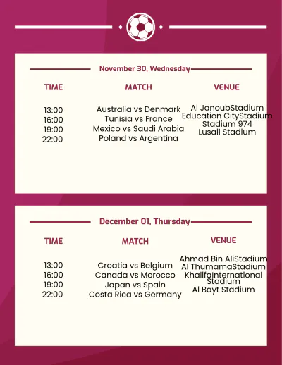 Free Football World Cup 2022 Schedule Template to Edit Online