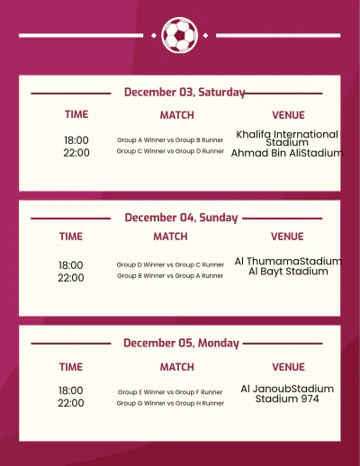 Free Football World Cup 2022 Schedule Template to Edit Online