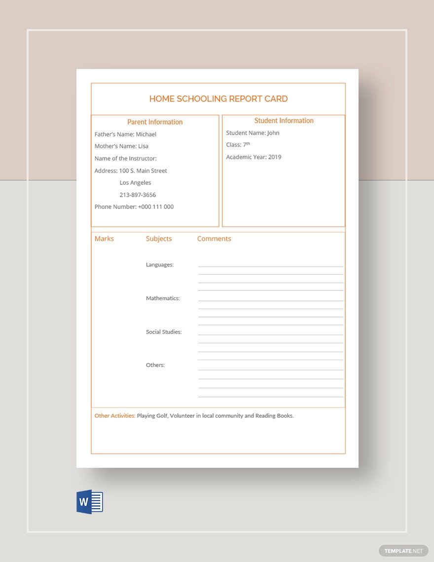 Home Schooling Report Card Template