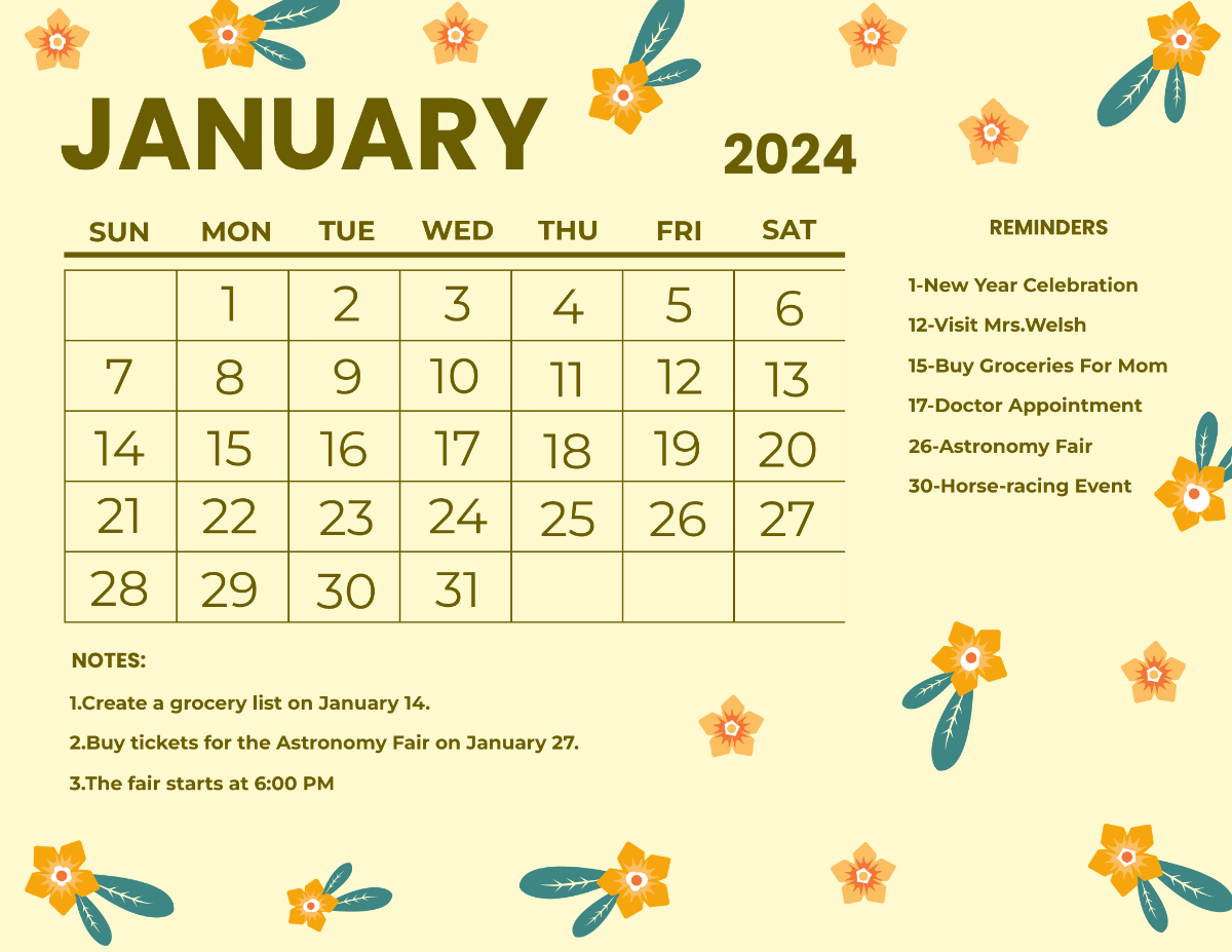 Floral January 2024 Calendar Template