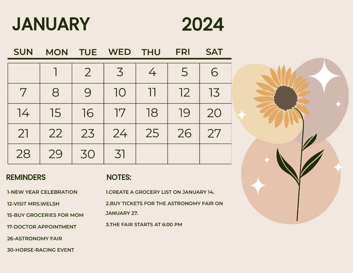 Fancy January 2024 Calendar Template