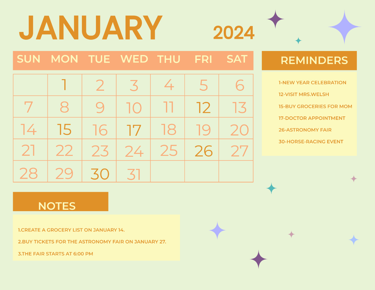 Colorful January 2024 Calendar Template