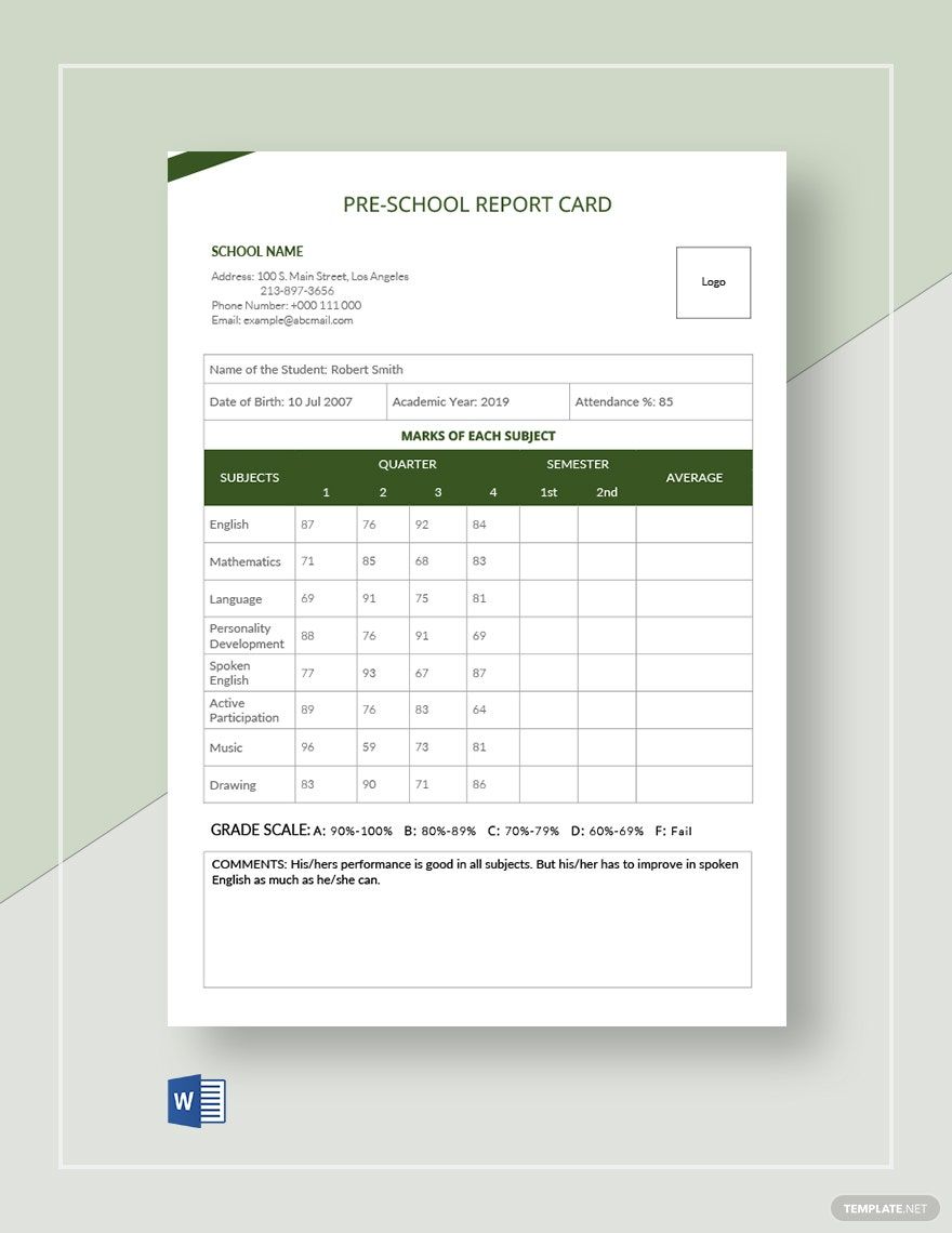 Free Pre School Report Card Template in Word, Google Docs, Apple Pages