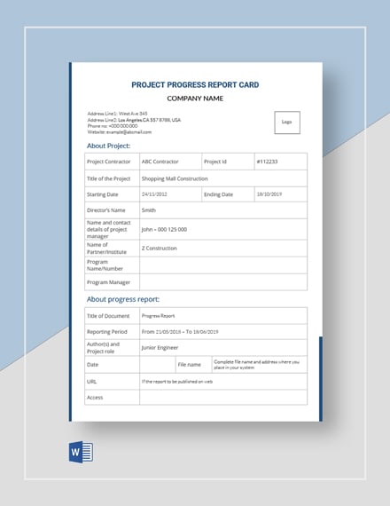 Project Progress Report Card