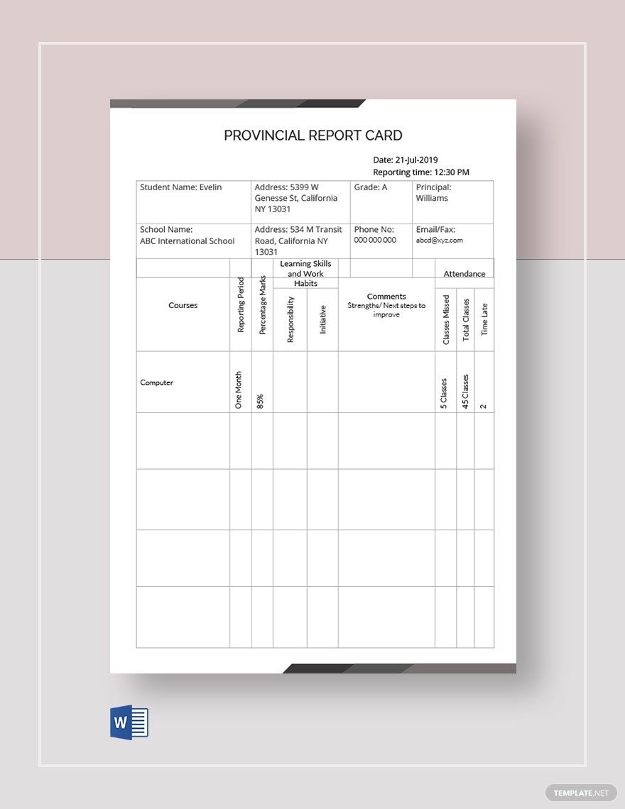 Provincial Report Card Template