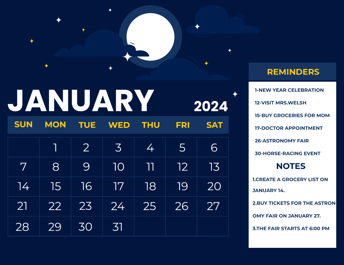 Blue January 2024 Calendar Template