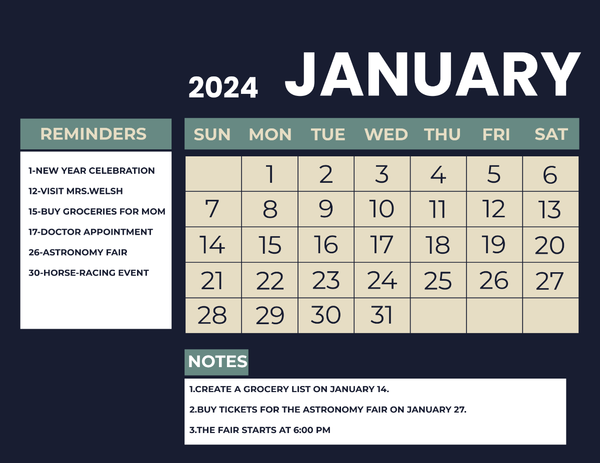 January 2024 Monthly Calendar Template