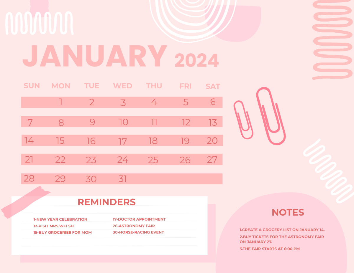 Pink January 2024 Calendar Template