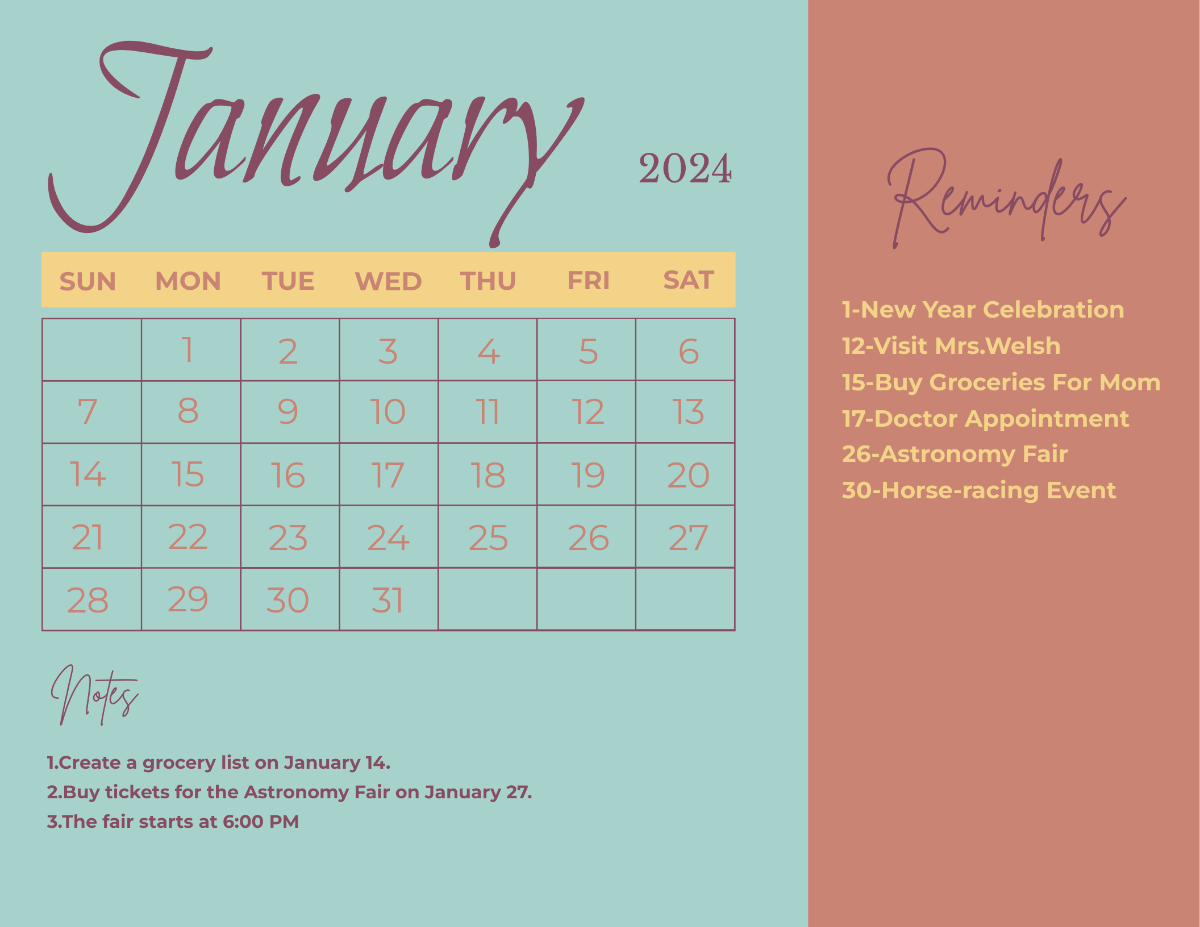 Calligraphy January 2024 Calendar Template