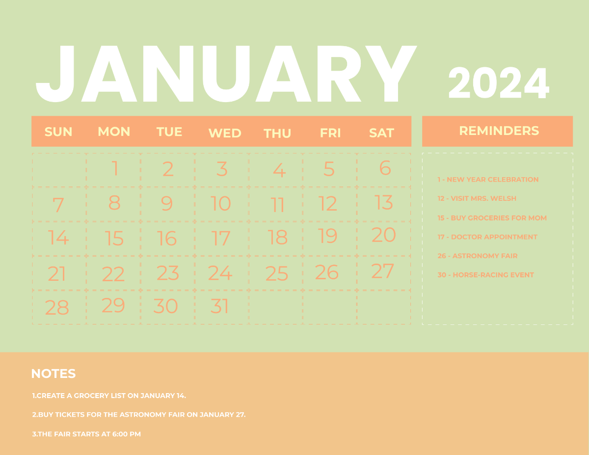 Printable January 2024 Monthly Calendar Template