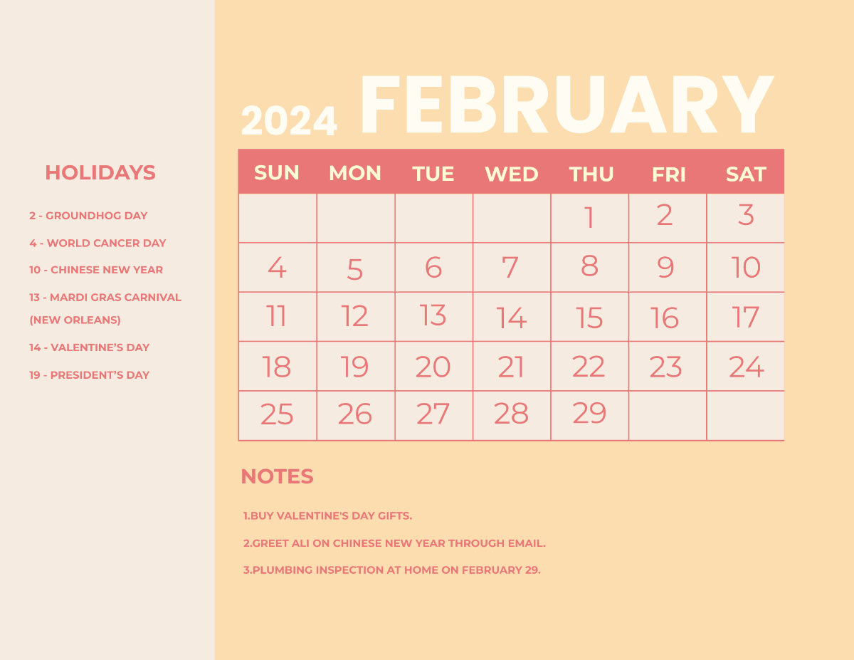 February 2024 Calendar With Holidays Template