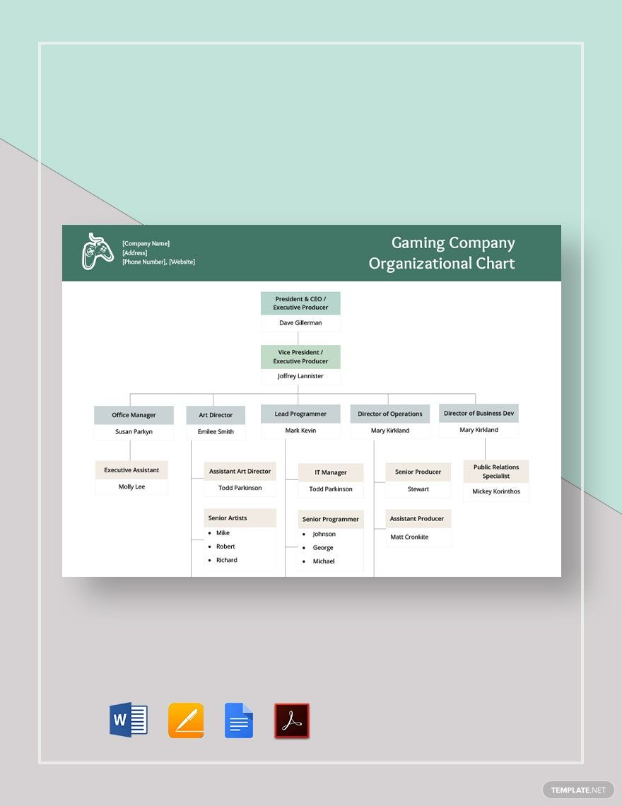 Sample Gaming Company Organizational Chart Template