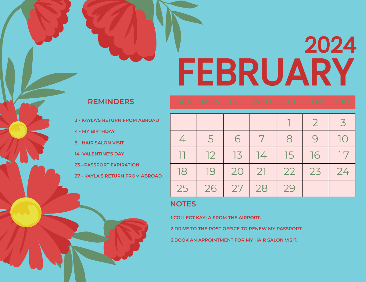 Floral February 2024 Calendar Template