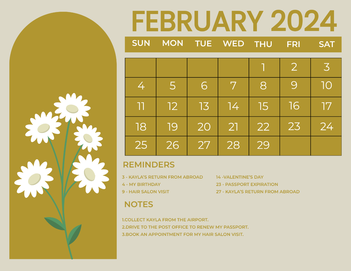 Pretty February 2024 Calendar Template