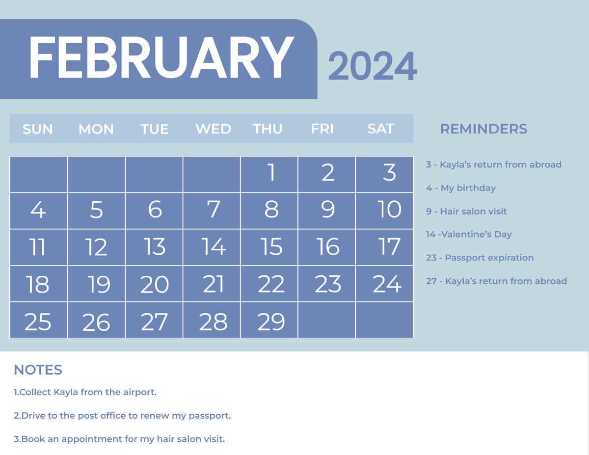 Blue February 2024 Calendar Template