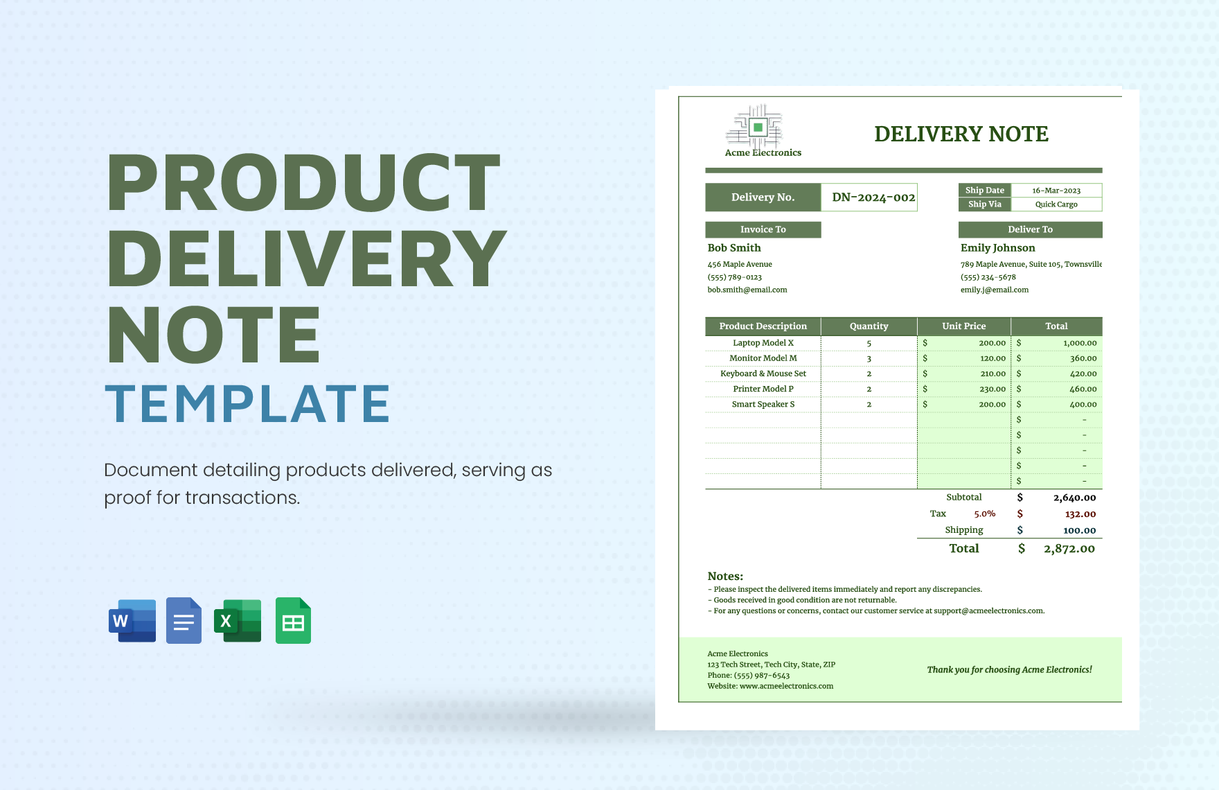 Product Delivery Note Template in Word, Google Docs, Excel, PDF, Google Sheets