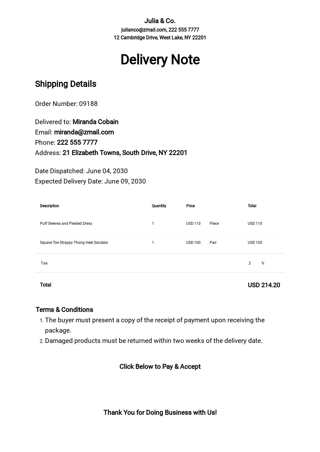 Sample Delivery Note Template Google Docs Word Apple Pages PDF