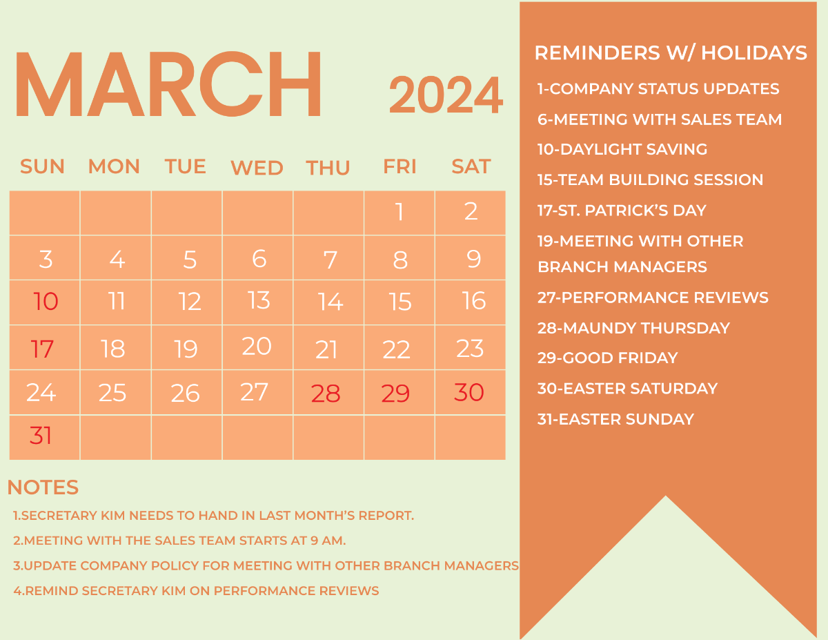 March 2024 Calendar With Holidays Template
