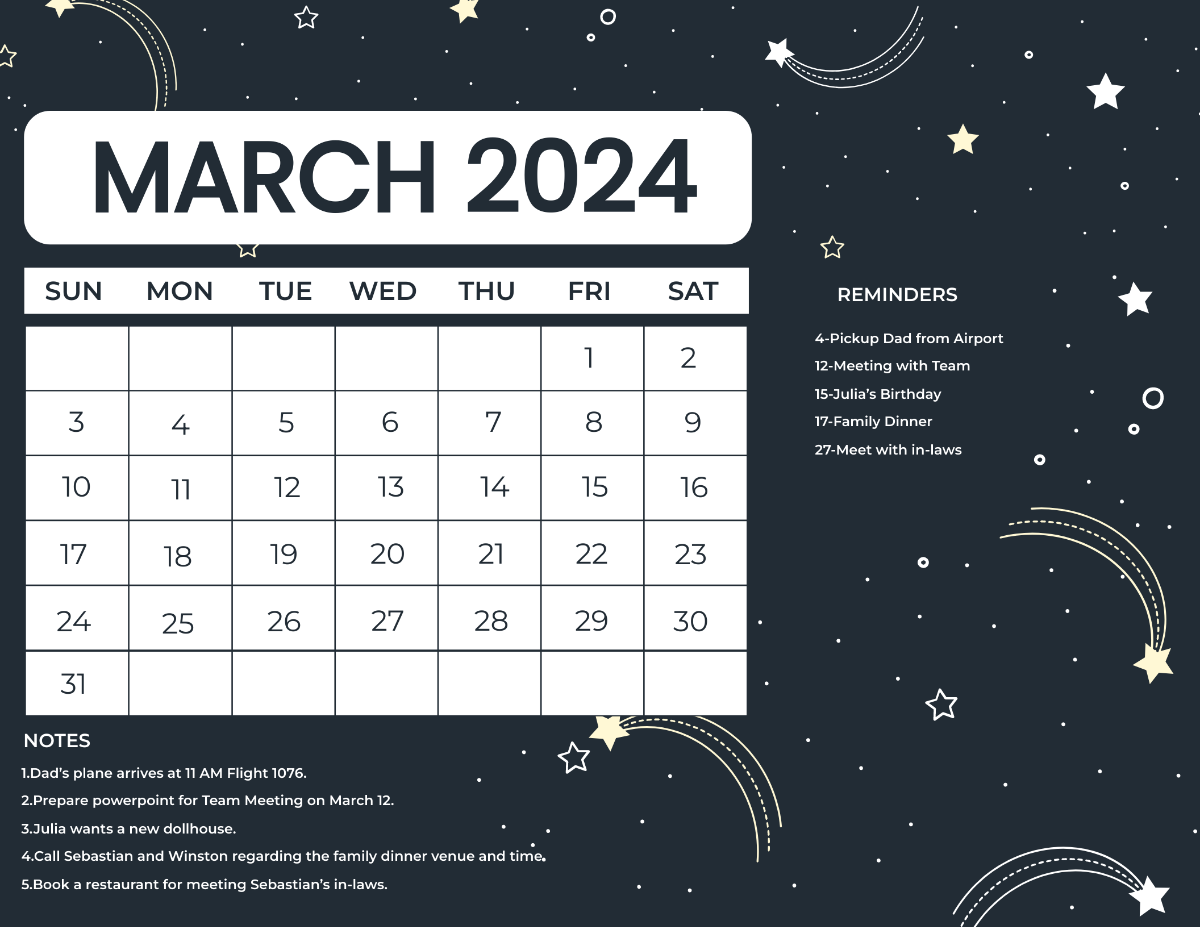 Pretty March 2024 Calendar Template