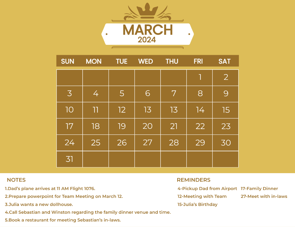 Fancy March 2024 Calendar Template