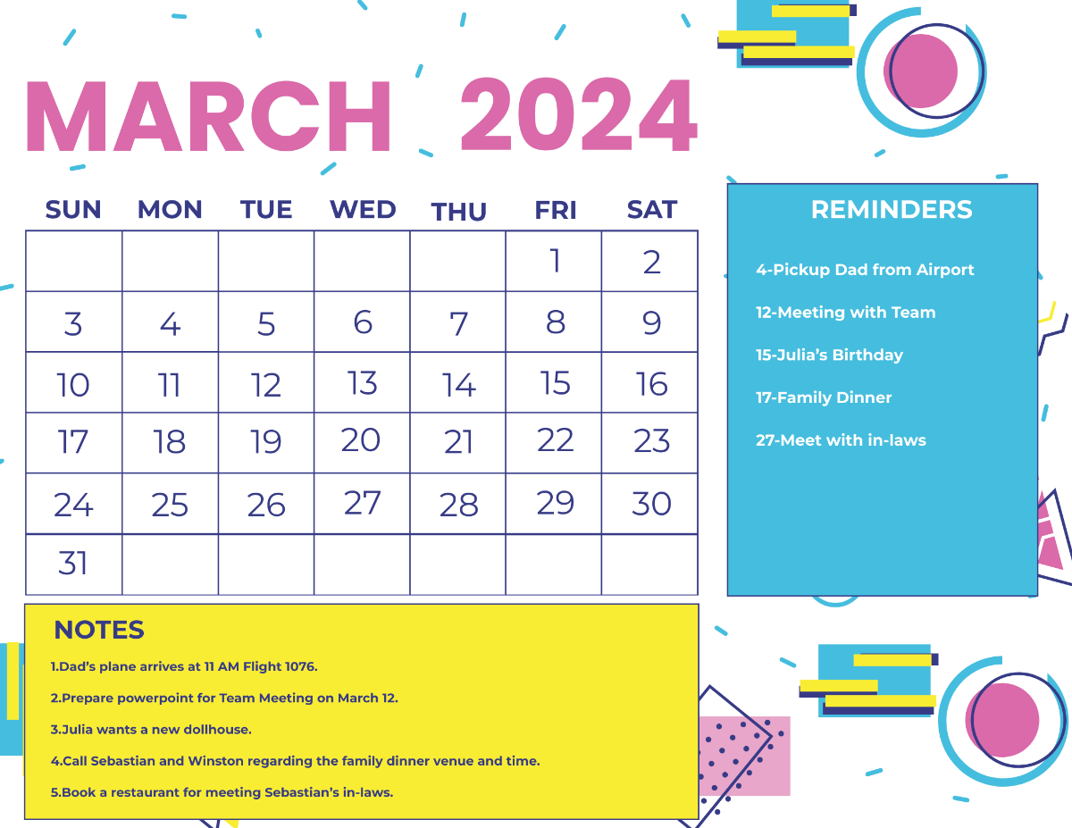 Colorful March 2024 Calendar Template