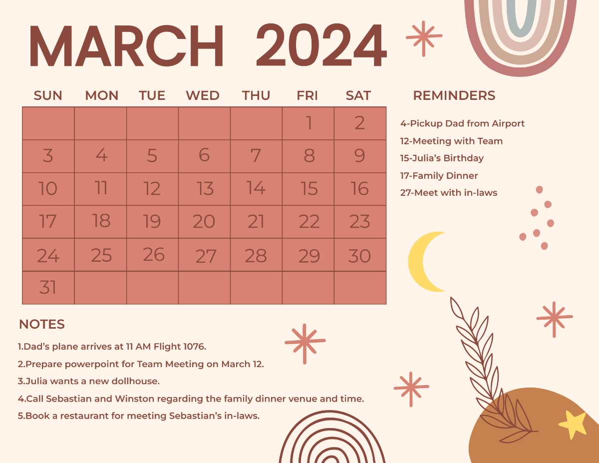 March 2024 Monthly Calendar Template
